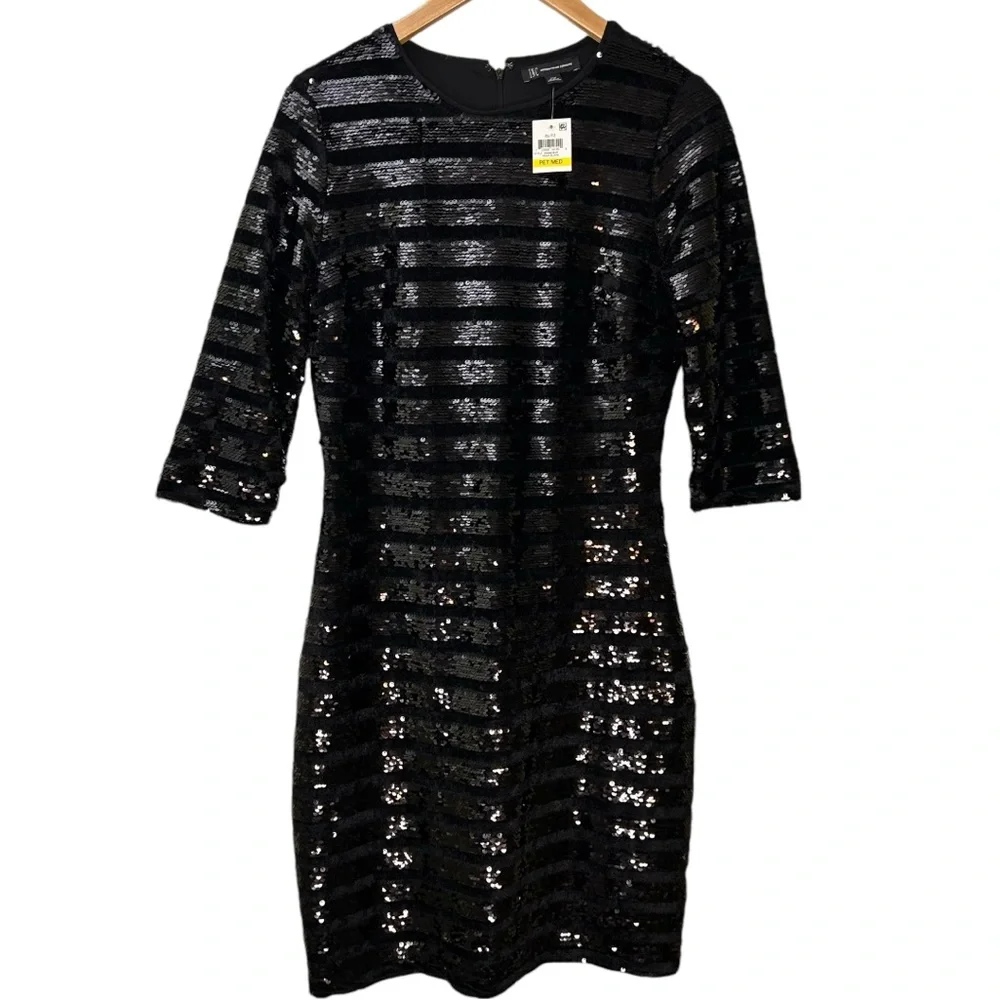 INC Sequin Sheath Dress Size MEDIUM Petite Glitz Black 3/4 Party Holiday NWT